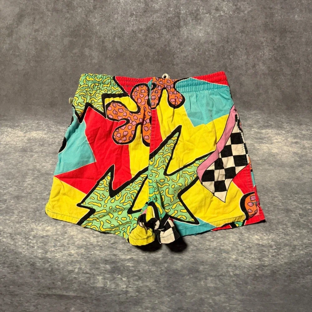 VTG Morey Boogie Kids S Swim Shorts 90s Abstract Neon Geometric Surf Trunks AOP